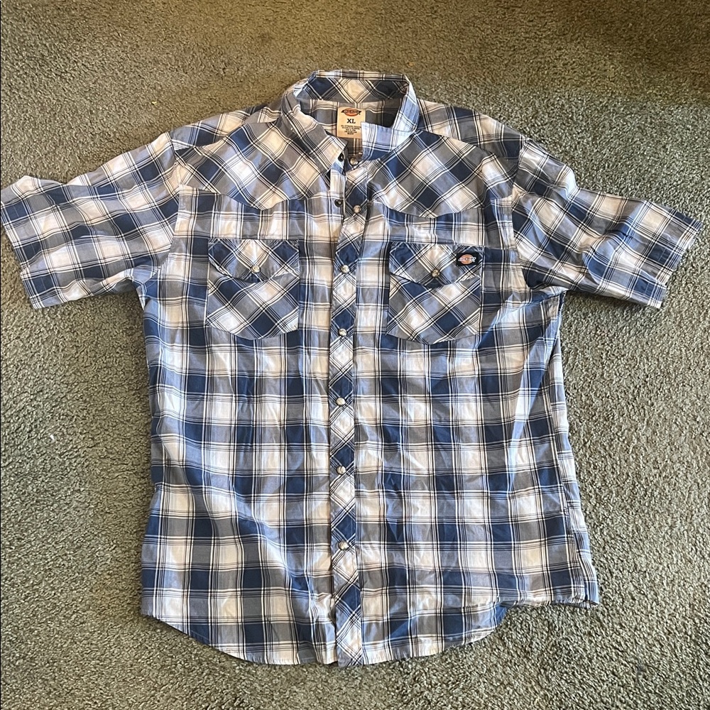 Dickies XL Men's Casual Blue and White Plaid Shirt